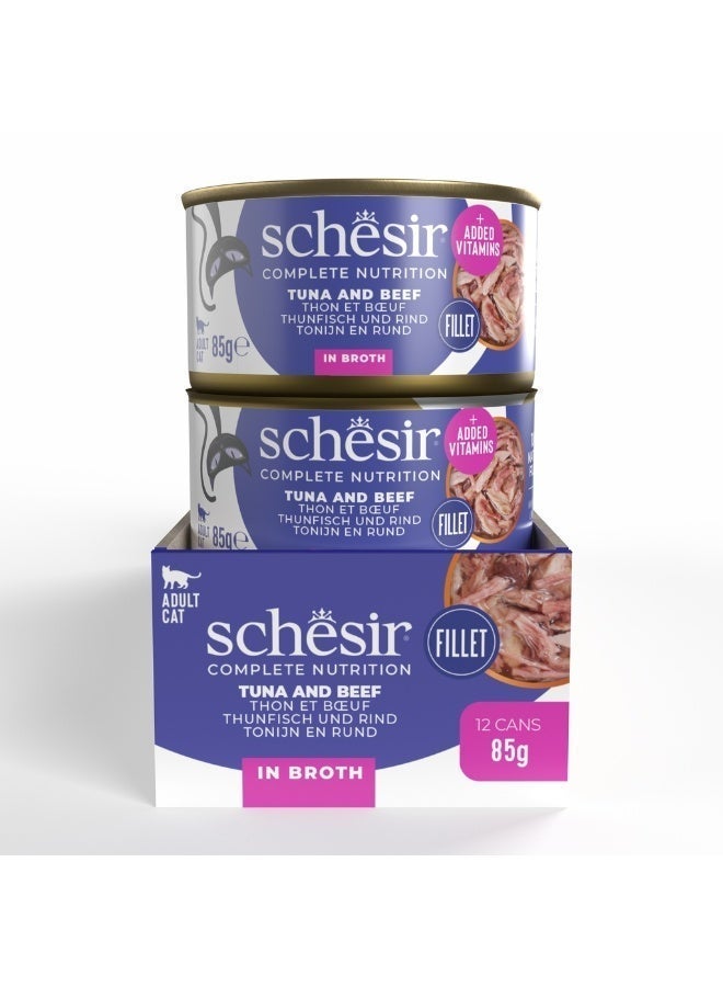 Schesir Complete Wet Cat Food Broth Can Tuna with Beef 85g (Pack of 12) | Natural Steamed Tuna & Beef High Protein Hydrating Adult Cat Meal - Image 5